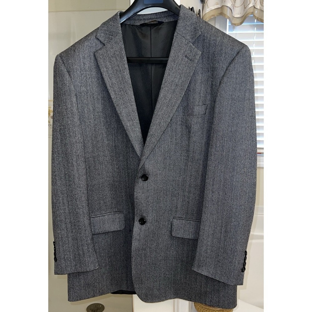 Joseph Feiss Sport Coat Mens 44L Gray Herringbone 100% LambsWool Single Breasted